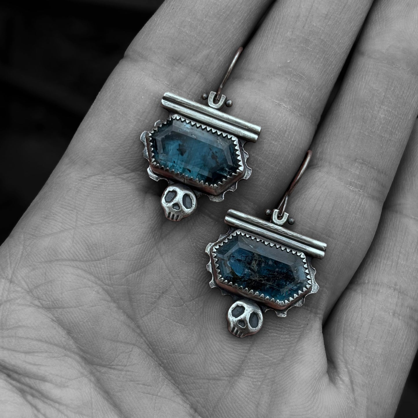 Dark Blue Kyanite Skull Earrings